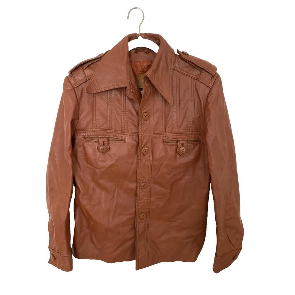 Vintage‎ 70s Leather Jacket Cognac Brown Sz 38 Retro Disco